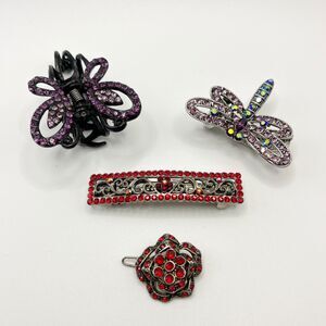 Vtg to Now Hair Barrettes Clip Claw Rhinestone Butterfly Dragonfly Flower Retro